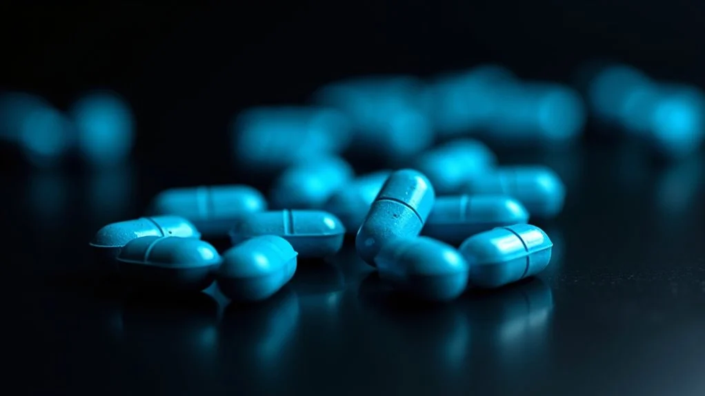 Blue pills representing “blues” drugs in substance use context