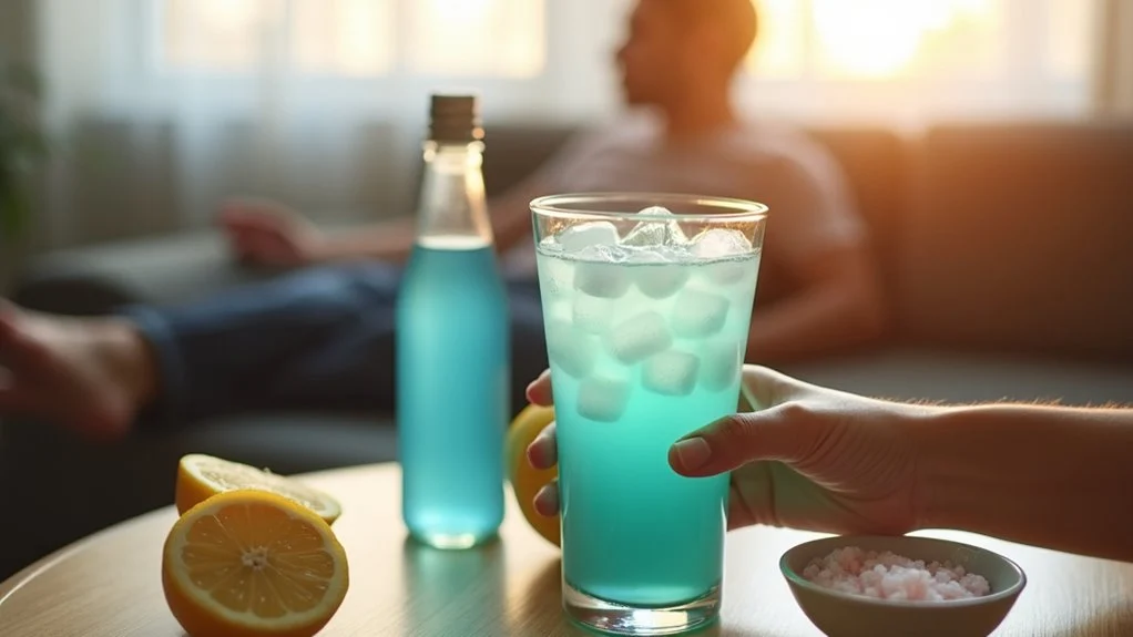 Illustration of using electrolyte-rich drinks to manage hangover anxiety