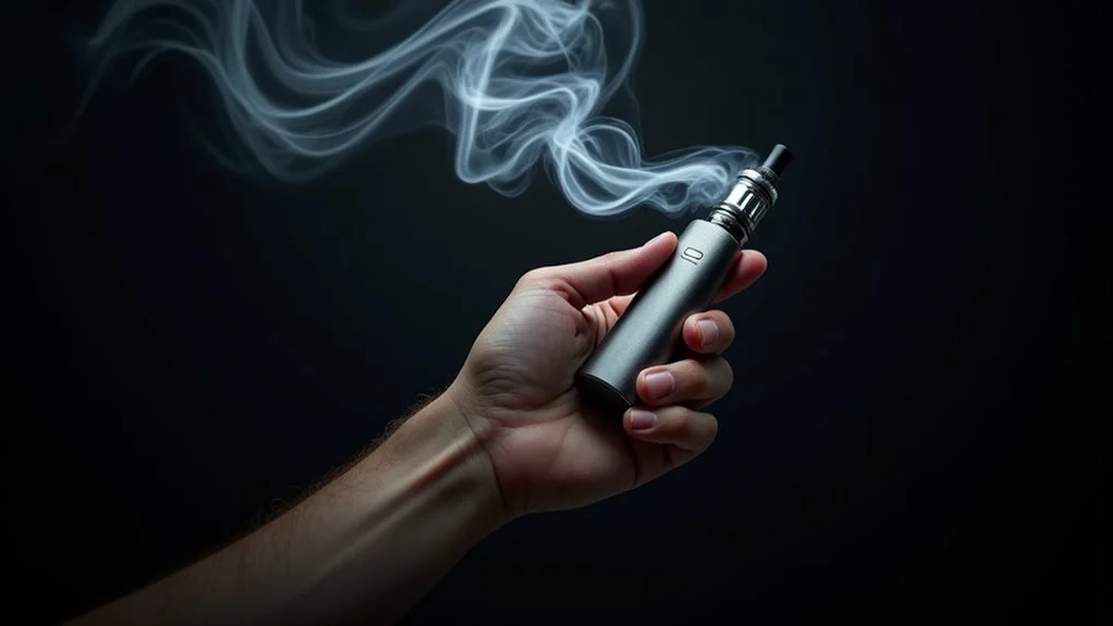 Hand holding an e-cigarette device illustrating the addictive potential of vaping