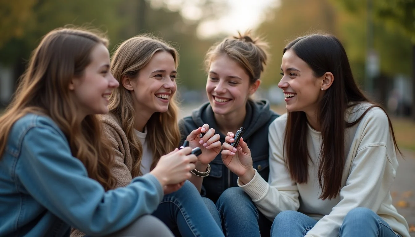 Group of women holding vape devices, illustrating e-cigarette use