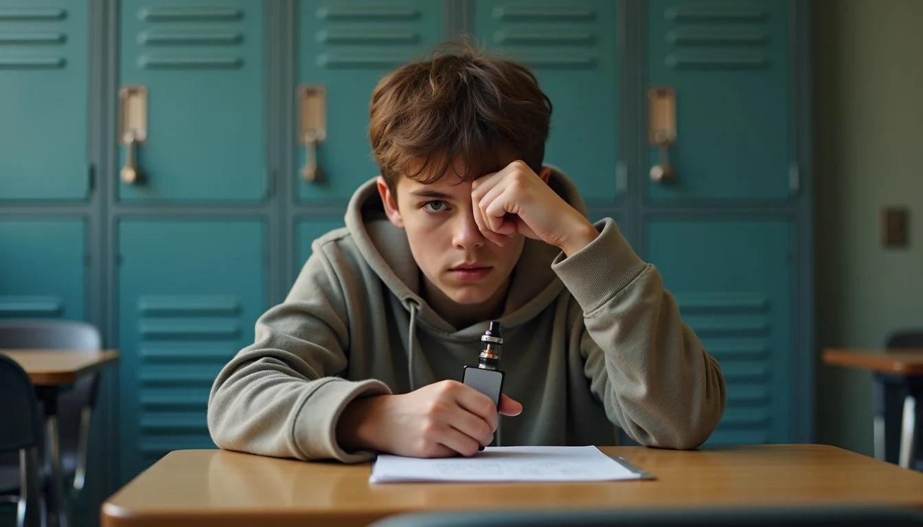 Close-up of a person holding a vape device, representing nicotine dependence