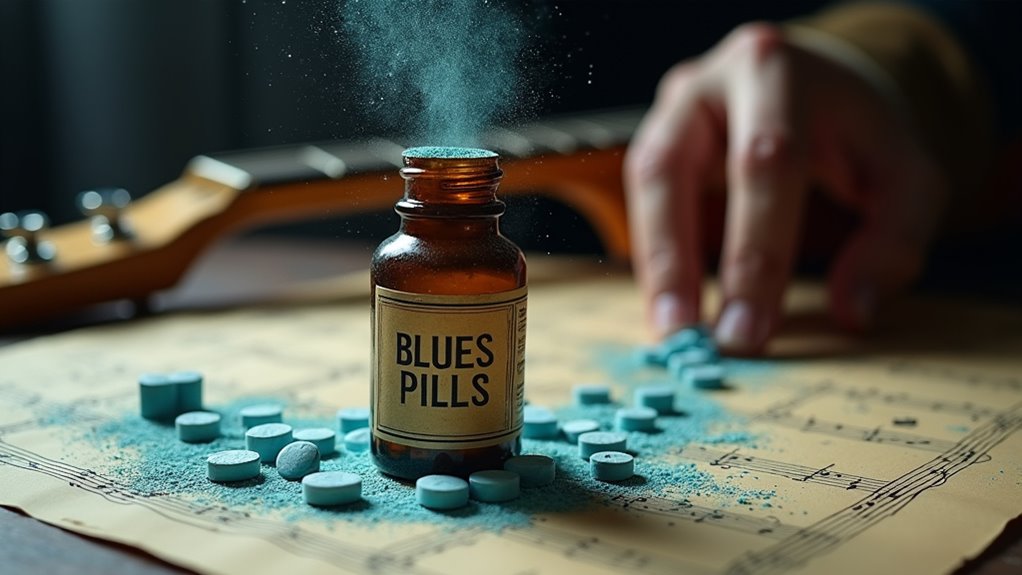 Close-up of blue tablets associated with opioid misuse