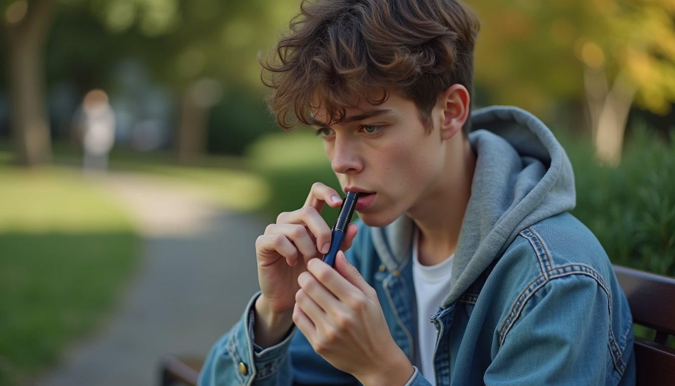 Teen holding a vaping device, representing early nicotine dependence