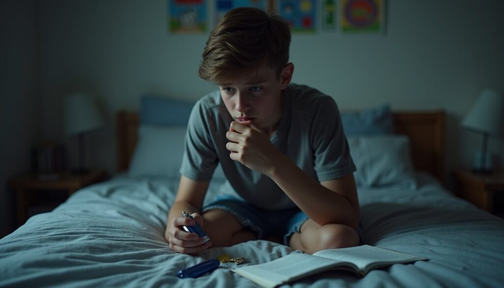 Teen holding a vaping device, showing signs of addiction