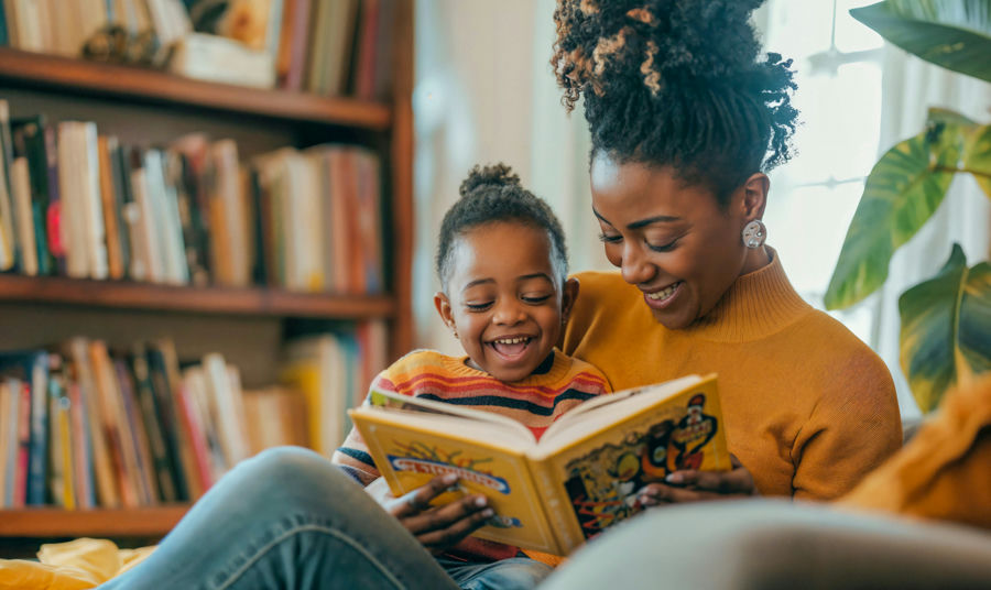 Woman with locs reading book to young child.