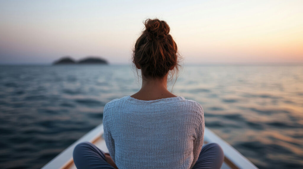 Rear view of a woman waiting out an alcohol withdrawal headache while sitting on a boardwalk.